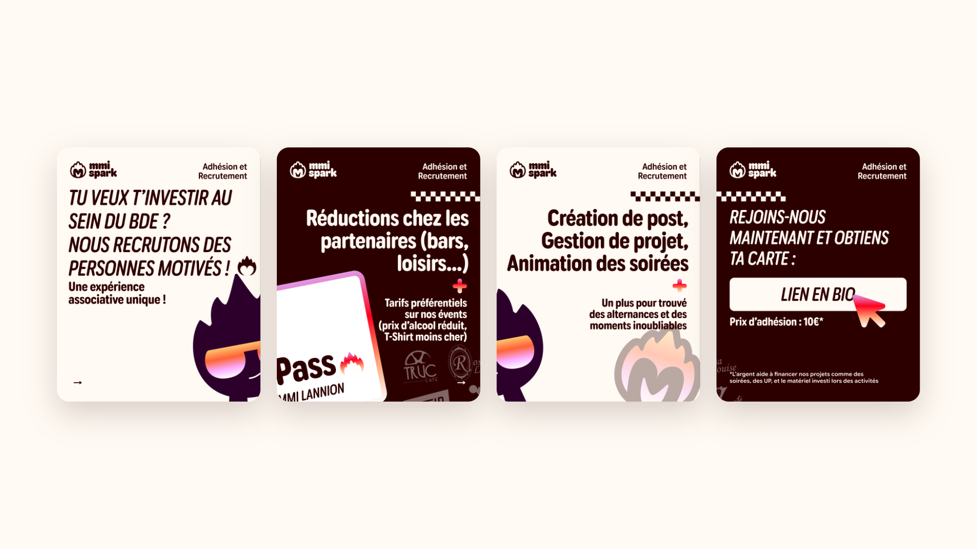 Quatre posts de la campagne Adhésion et Recrutement, sur fond crème ou chocolat, avec la mascotte et le dégradé orange, rouge et rose de la marque.