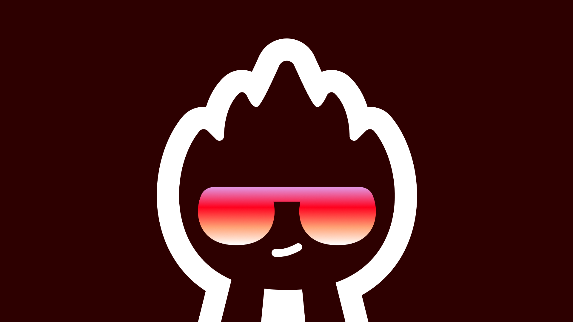 La mascotte du BDE : une flamme aux contours blancs, avec des lunettes de soleil en dégradé orange, rouge et rose, sur fond chocolat.