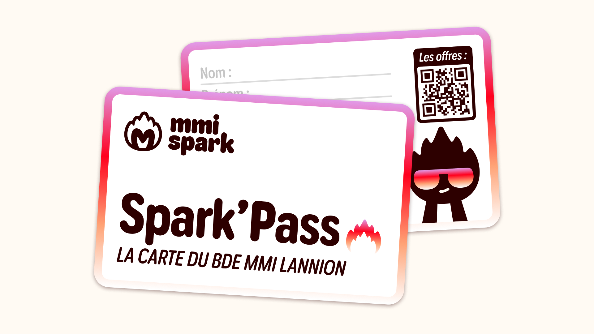 Recto et verso de la carte adhérent Spark'Pass. Au recto, le logo et « La carte du BDE MMI Lannion ». Au verso, les champs nom, prénom et classe, un QR code et la mascotte.