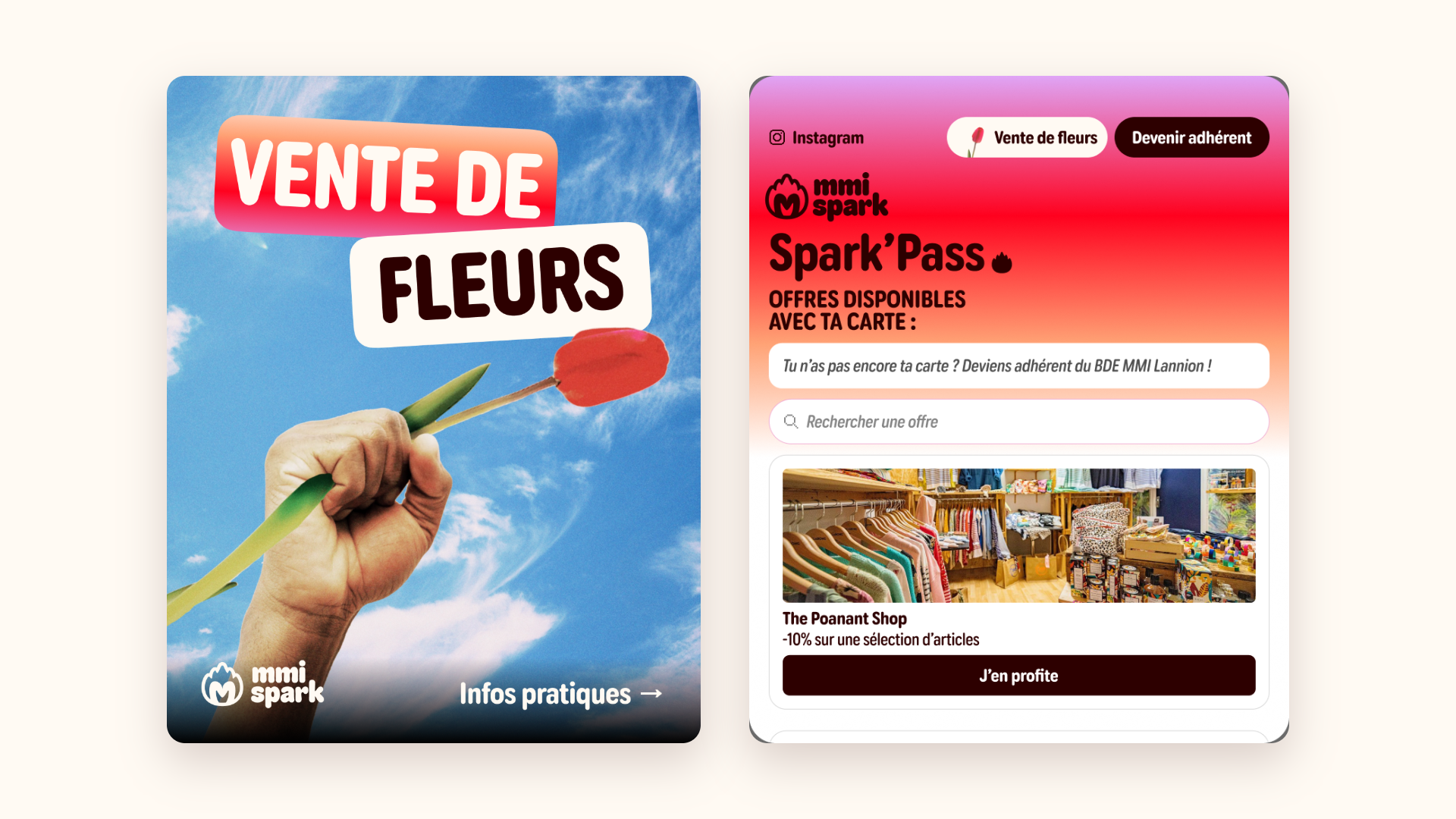 À gauche, le post Instagram « Vente de fleurs » : une main tend une tulipe rouge sur fond de ciel. À droite, la page Spark'Pass du site du BDE, avec son bouton « Vente de fleurs ».