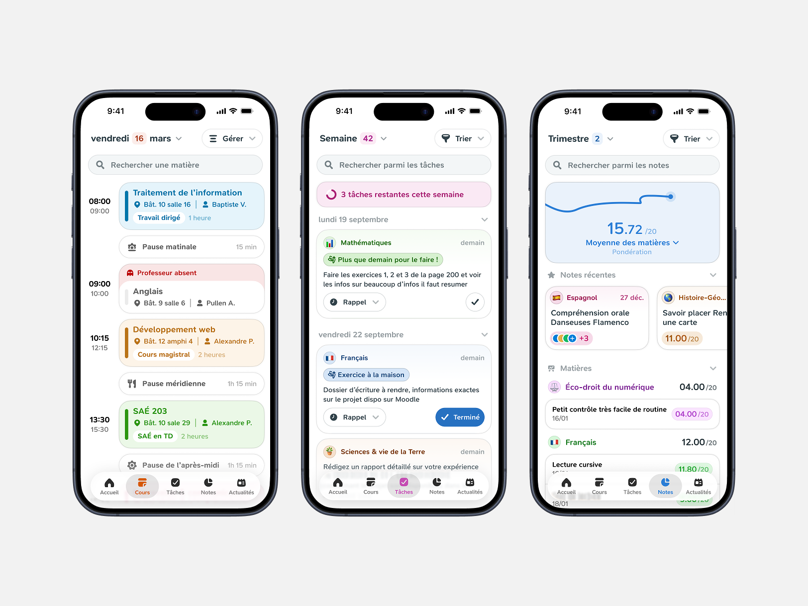 Three screens of the Papillon app: the daily timetable, the weekly task list and the grades view with an overall average and a subject breakdown.