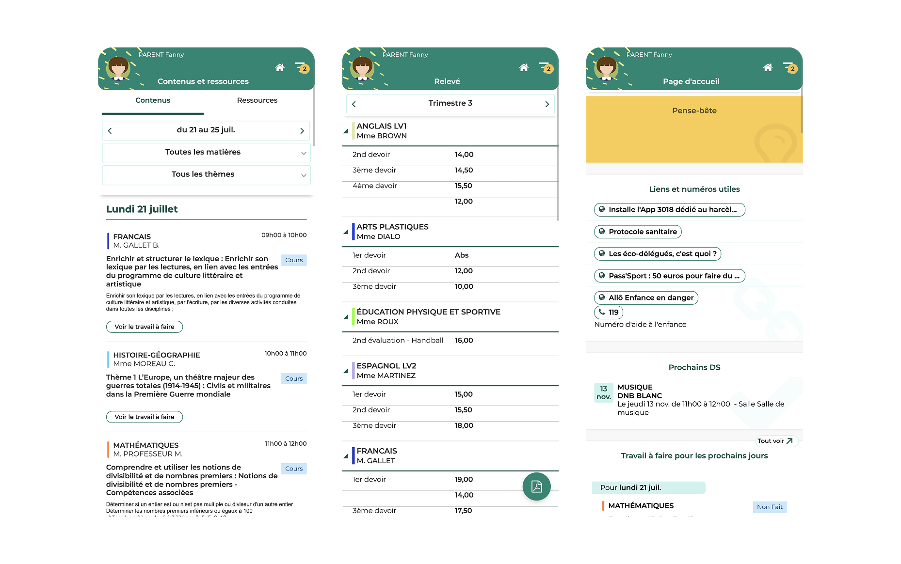 Three screens of the Pronote mobile app: course contents, grade report and home page.