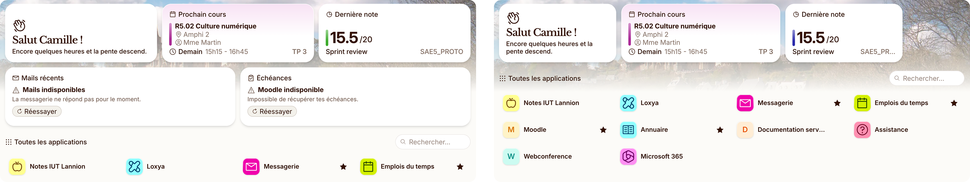 Comparaison de deux versions du tableau de bord de Tafac quand la messagerie et Moodle sont indisponibles. À gauche, les cartes « Mails récents » et « Échéances » affichent un message d’erreur avec un bouton « Réessayer ». À droite, ces deux cartes sont masquées : il ne reste que l’accueil, le prochain cours, la dernière note et la grille des applications.